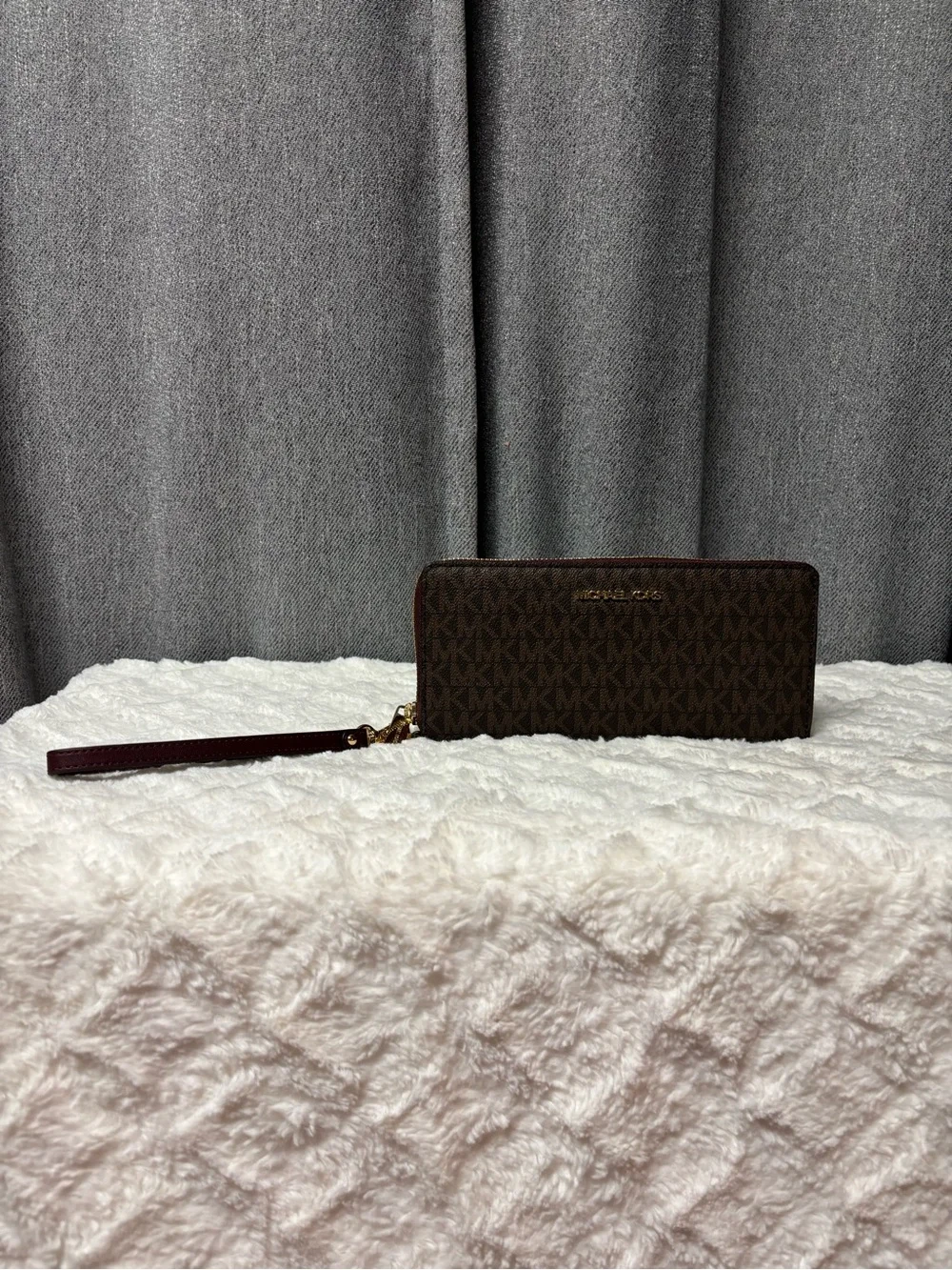 Michael Kors Brown Burgundy MK Signature Wristlet Clutch